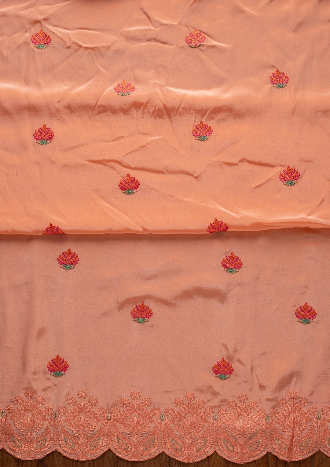 Peach Threadwork Semi Crepe Designer Unstitched Salwar Suit - koskii