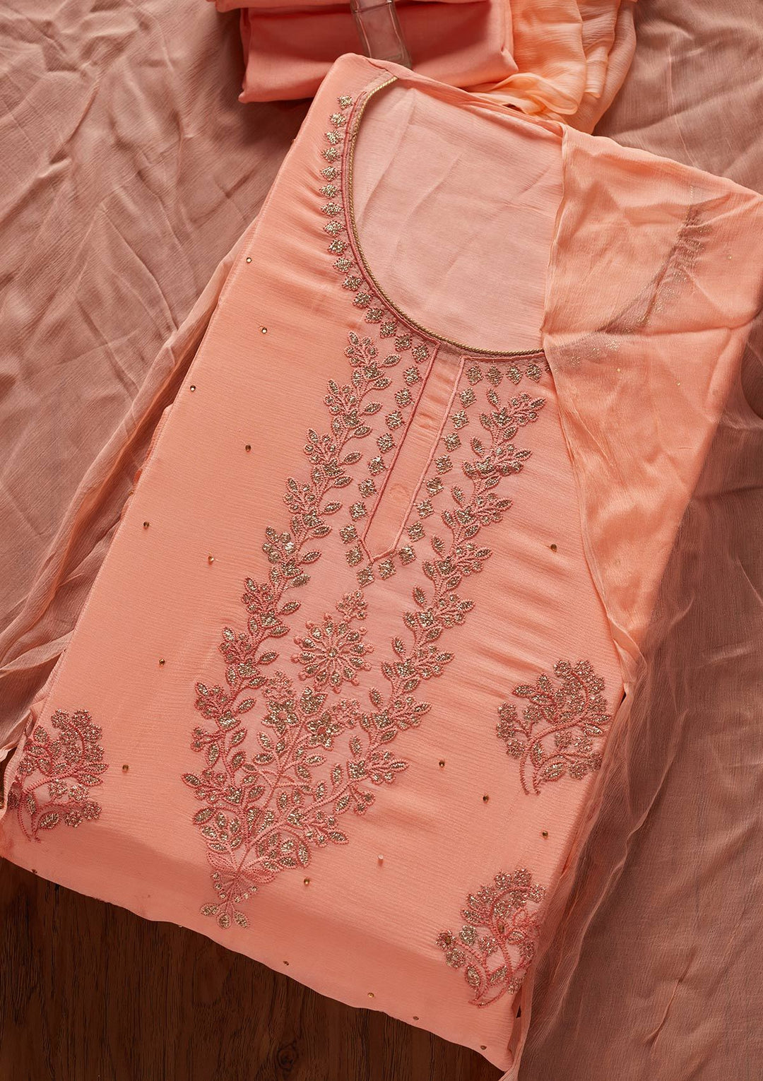 Peach Threadwork Semi Crepe Designer Unstitched Salwar Suit - koskii