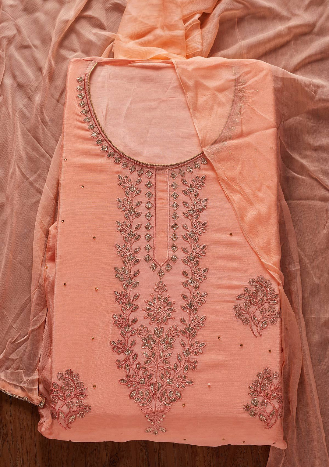 Peach Threadwork Semi Crepe Designer Unstitched Salwar Suit - koskii