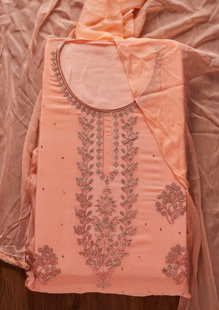 Peach Threadwork Semi Crepe Designer Unstitched Salwar Suit - koskii