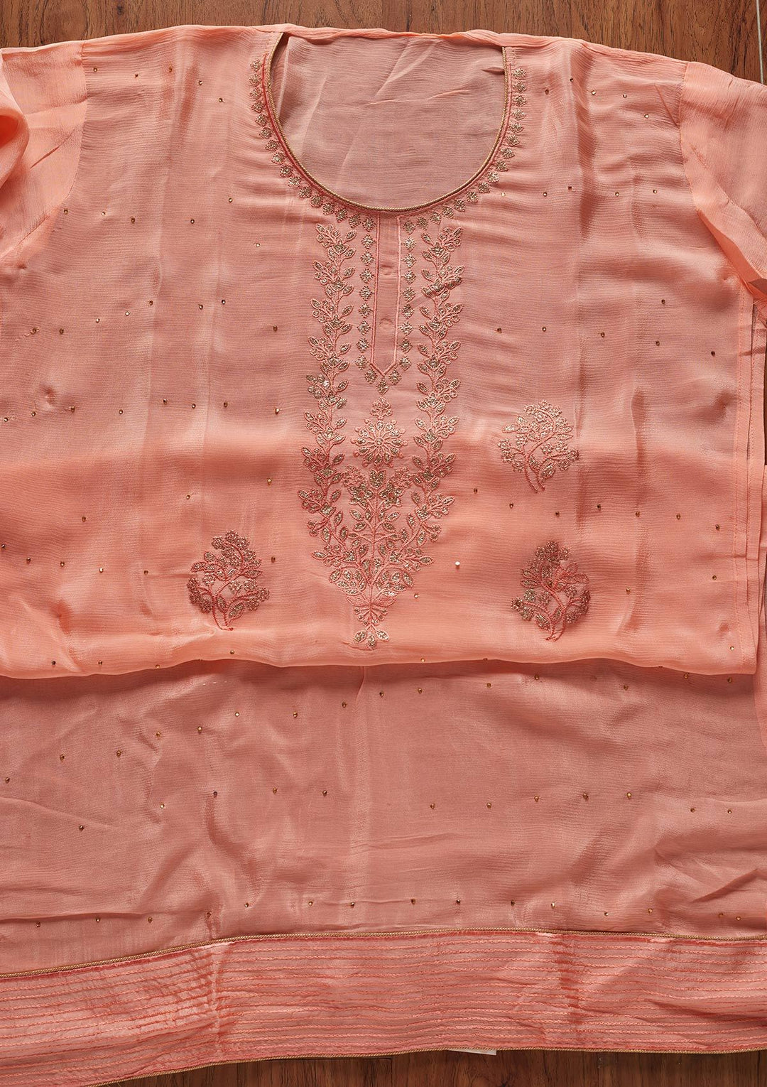 Peach Threadwork Semi Crepe Designer Unstitched Salwar Suit - koskii