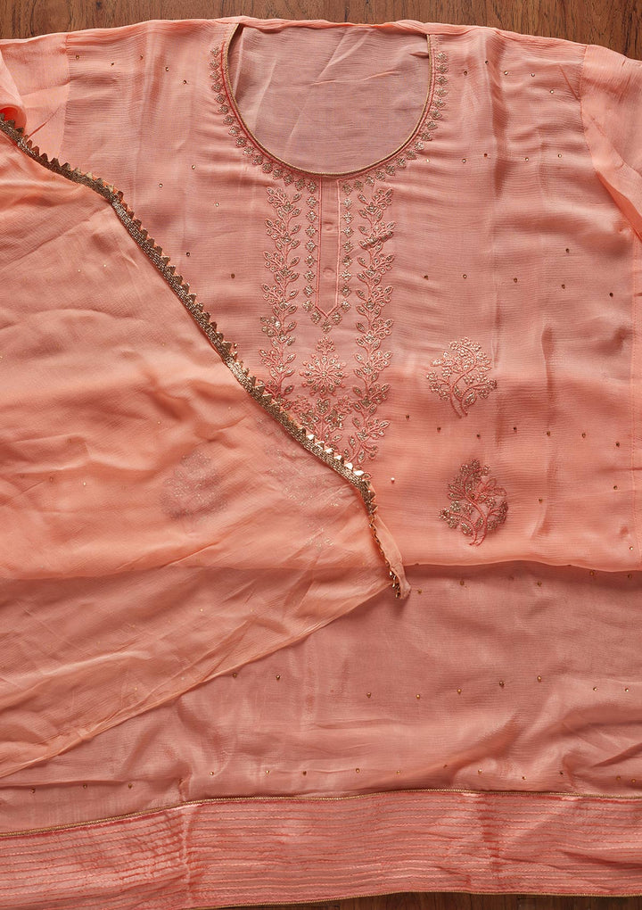 Peach Threadwork Semi Crepe Designer Unstitched Salwar Suit - koskii