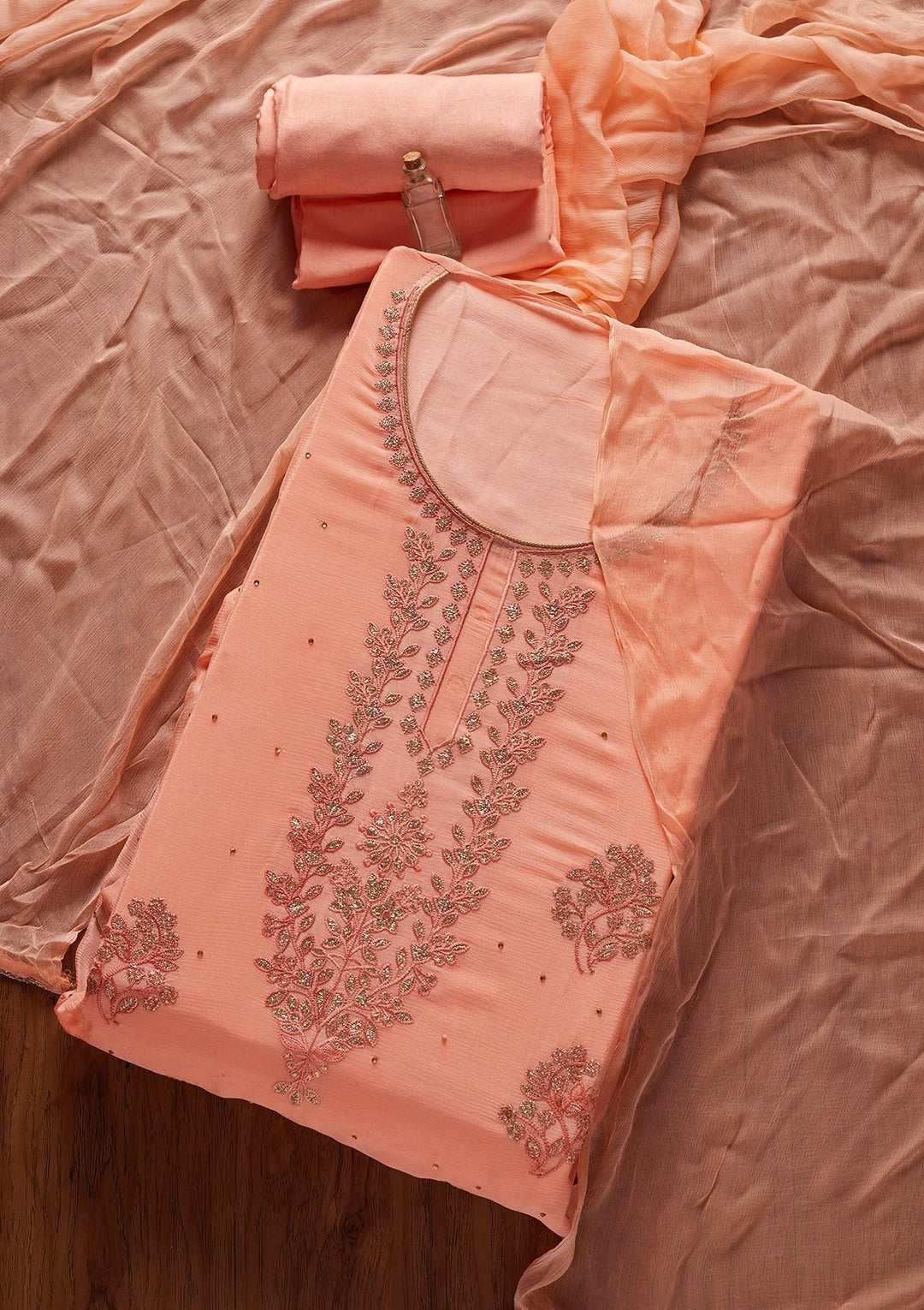 Peach Threadwork Semi Crepe Designer Unstitched Salwar Suit - koskii
