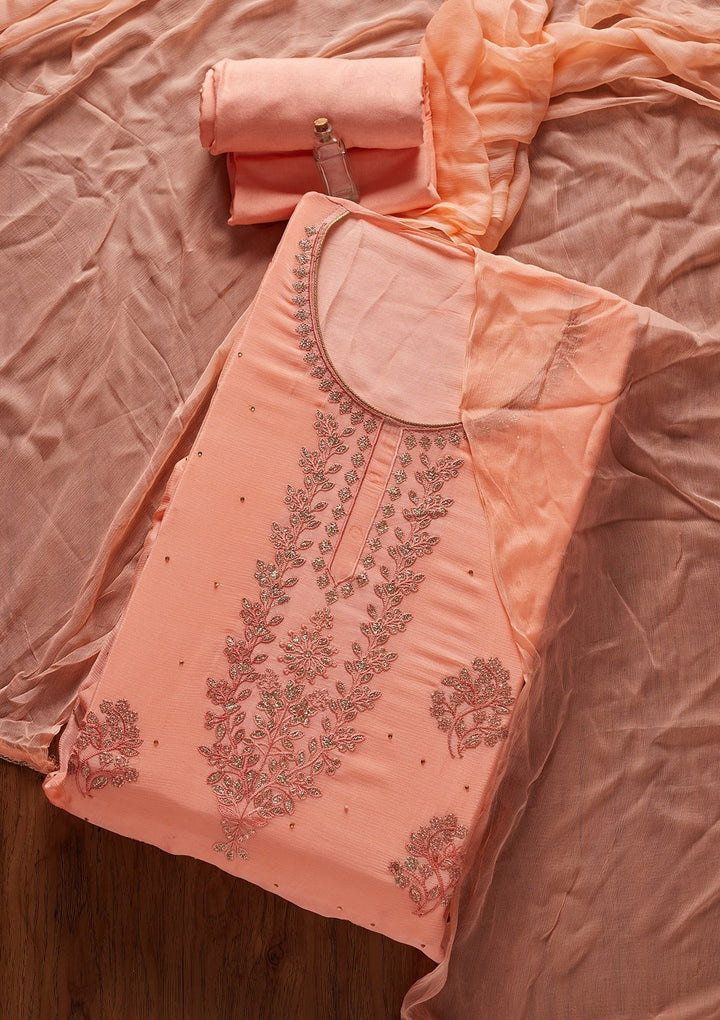 Peach Threadwork Semi Crepe Designer Unstitched Salwar Suit - koskii