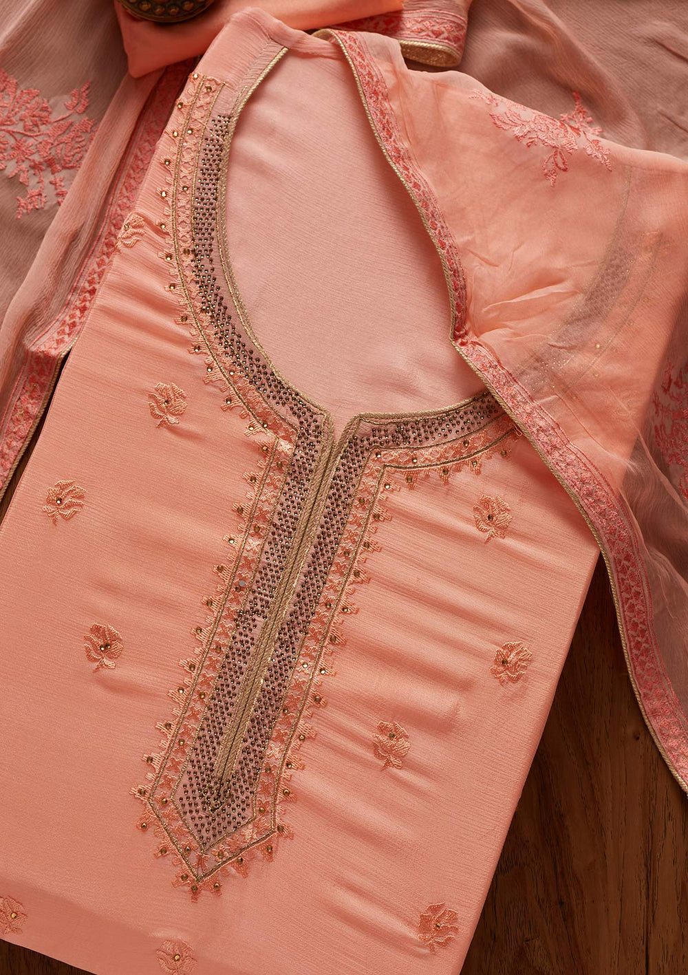 Peach Threadwork Semi Crepe Designer Unstitched Salwar Suit - koskii