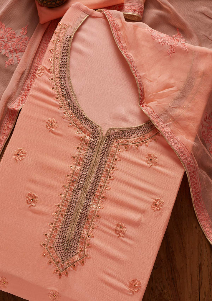 Peach Threadwork Semi Crepe Designer Unstitched Salwar Suit - koskii