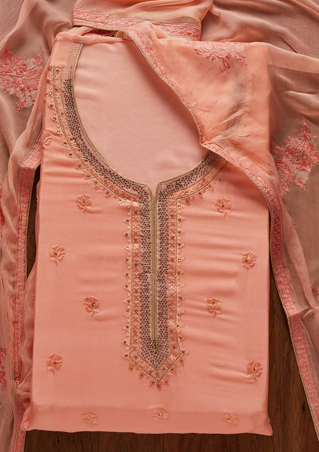 Peach Threadwork Semi Crepe Designer Unstitched Salwar Suit - koskii