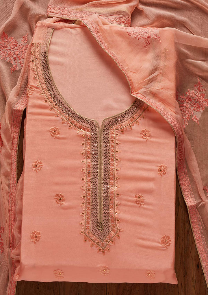 Peach Threadwork Semi Crepe Designer Unstitched Salwar Suit - koskii