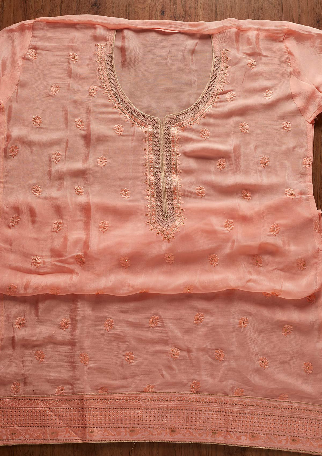 Peach Threadwork Semi Crepe Designer Unstitched Salwar Suit - koskii