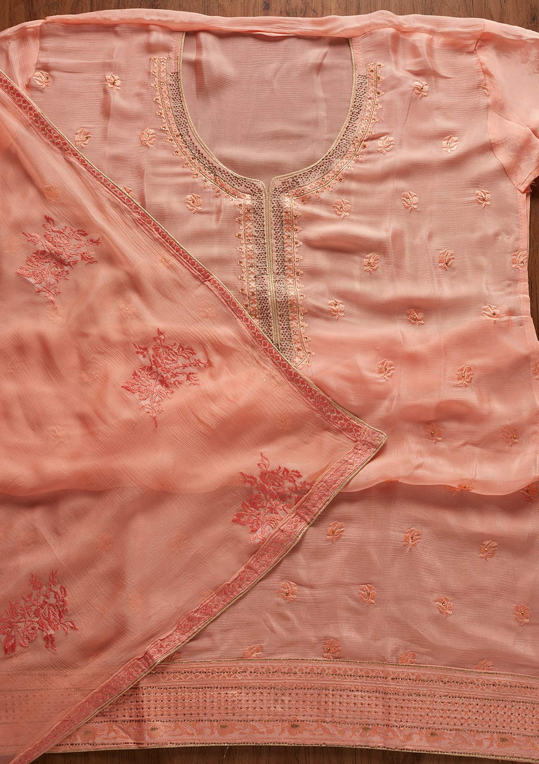 Peach Threadwork Semi Crepe Designer Unstitched Salwar Suit - koskii