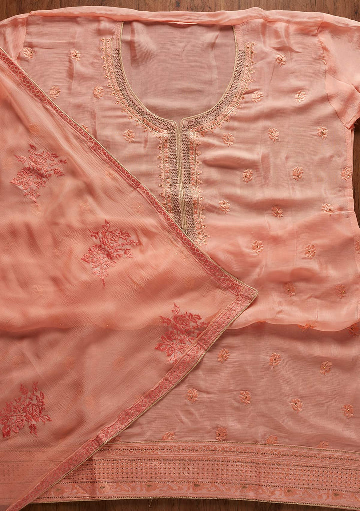 Peach Threadwork Semi Crepe Designer Unstitched Salwar Suit - koskii
