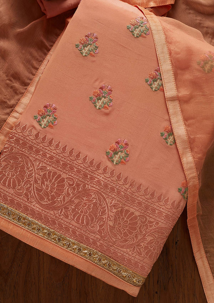 Peach Threadwork Semi Crepe Designer Unstitched Salwar Suit - koskii
