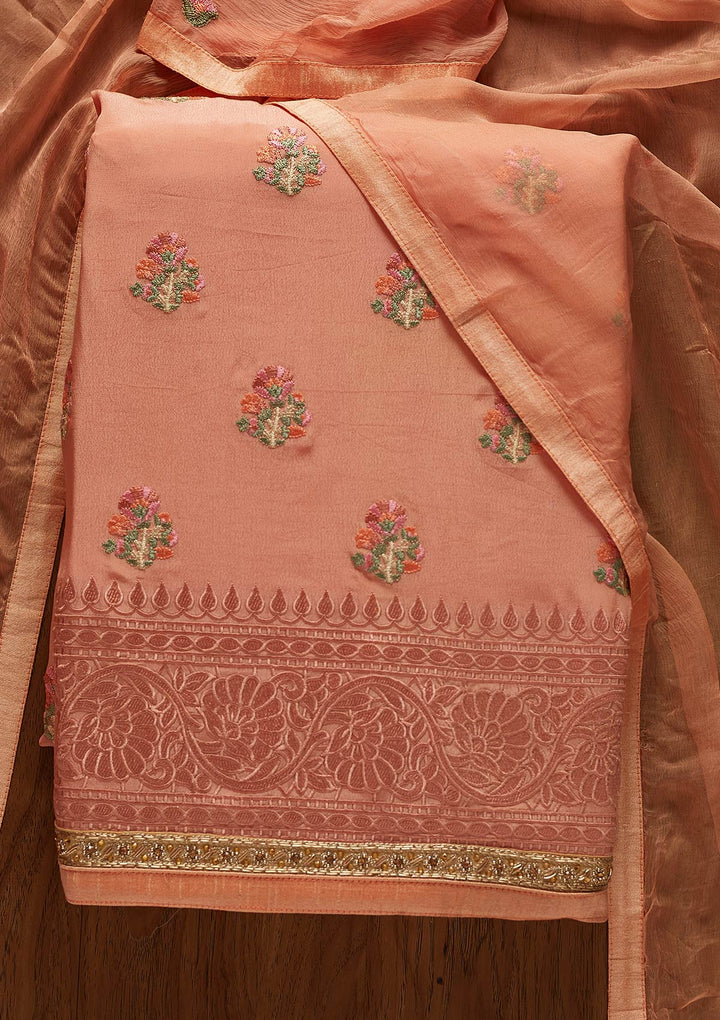 Peach Threadwork Semi Crepe Designer Unstitched Salwar Suit - koskii