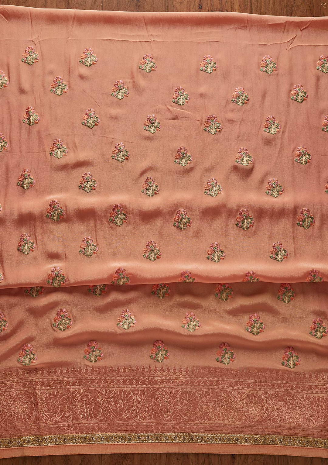 Peach Threadwork Semi Crepe Designer Unstitched Salwar Suit - koskii
