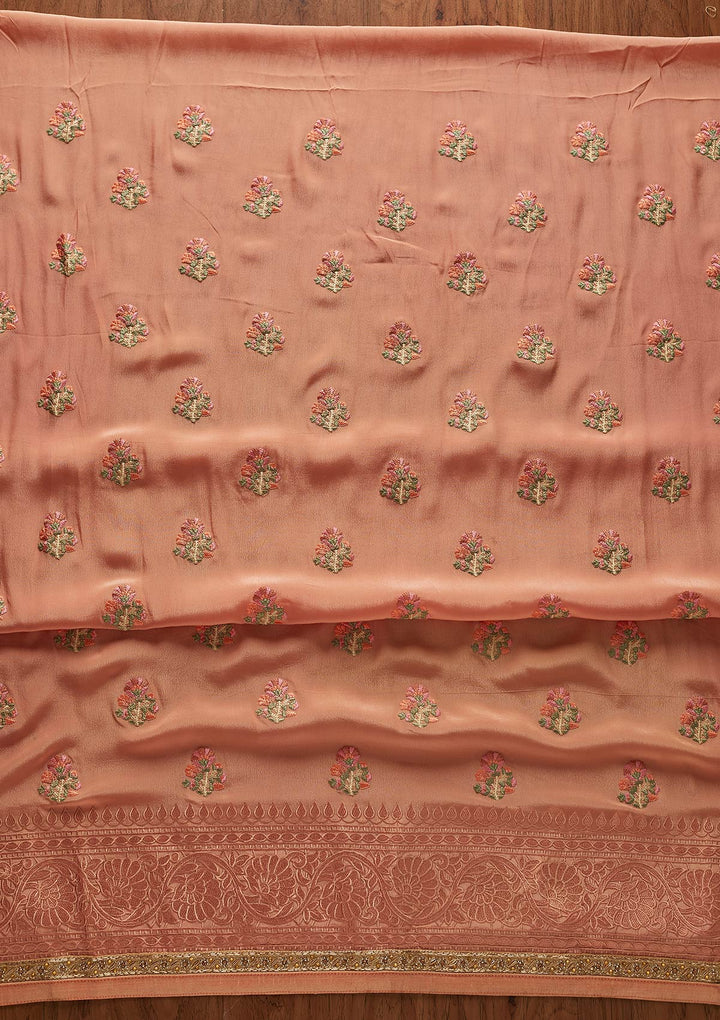 Peach Threadwork Semi Crepe Designer Unstitched Salwar Suit - koskii