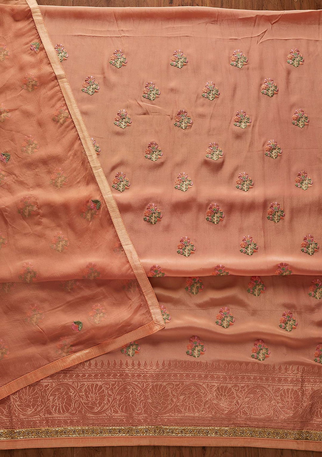 Peach Threadwork Semi Crepe Designer Unstitched Salwar Suit - koskii