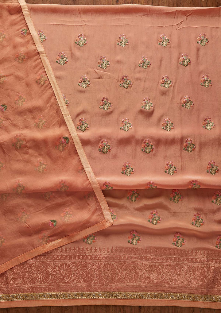 Peach Threadwork Semi Crepe Designer Unstitched Salwar Suit - koskii