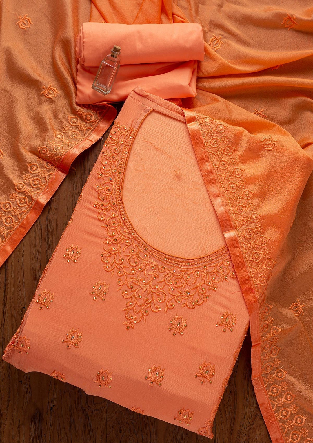 Peach Threadwork Semi Crepe Designer Unstitched Salwar Suit - koskii