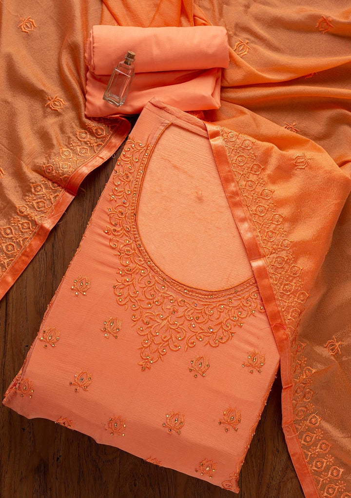 Peach Threadwork Semi Crepe Designer Unstitched Salwar Suit - koskii
