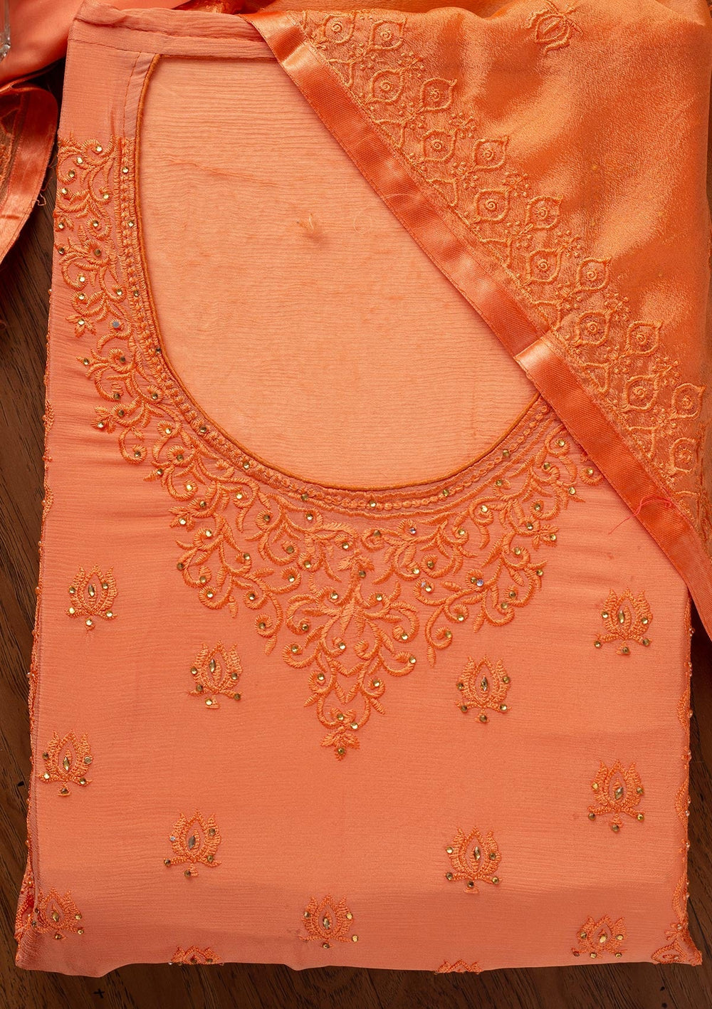Peach Threadwork Semi Crepe Designer Unstitched Salwar Suit - koskii