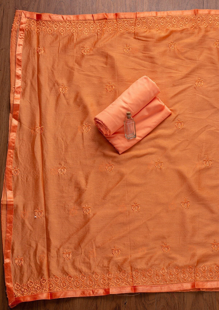 Peach Threadwork Semi Crepe Designer Unstitched Salwar Suit - koskii
