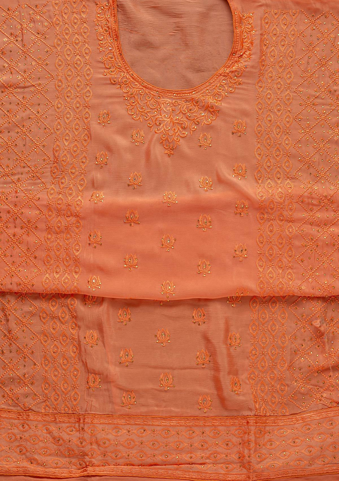 Peach Threadwork Semi Crepe Designer Unstitched Salwar Suit - koskii