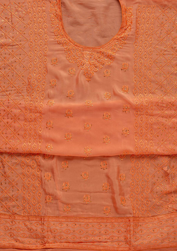 Peach Threadwork Semi Crepe Designer Unstitched Salwar Suit - koskii