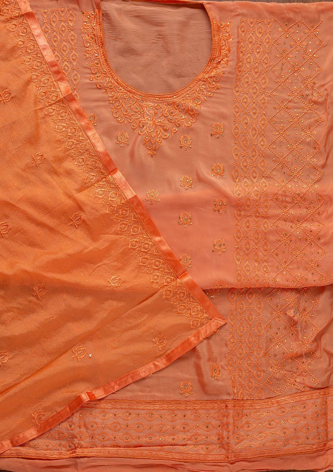 Peach Threadwork Semi Crepe Designer Unstitched Salwar Suit - koskii