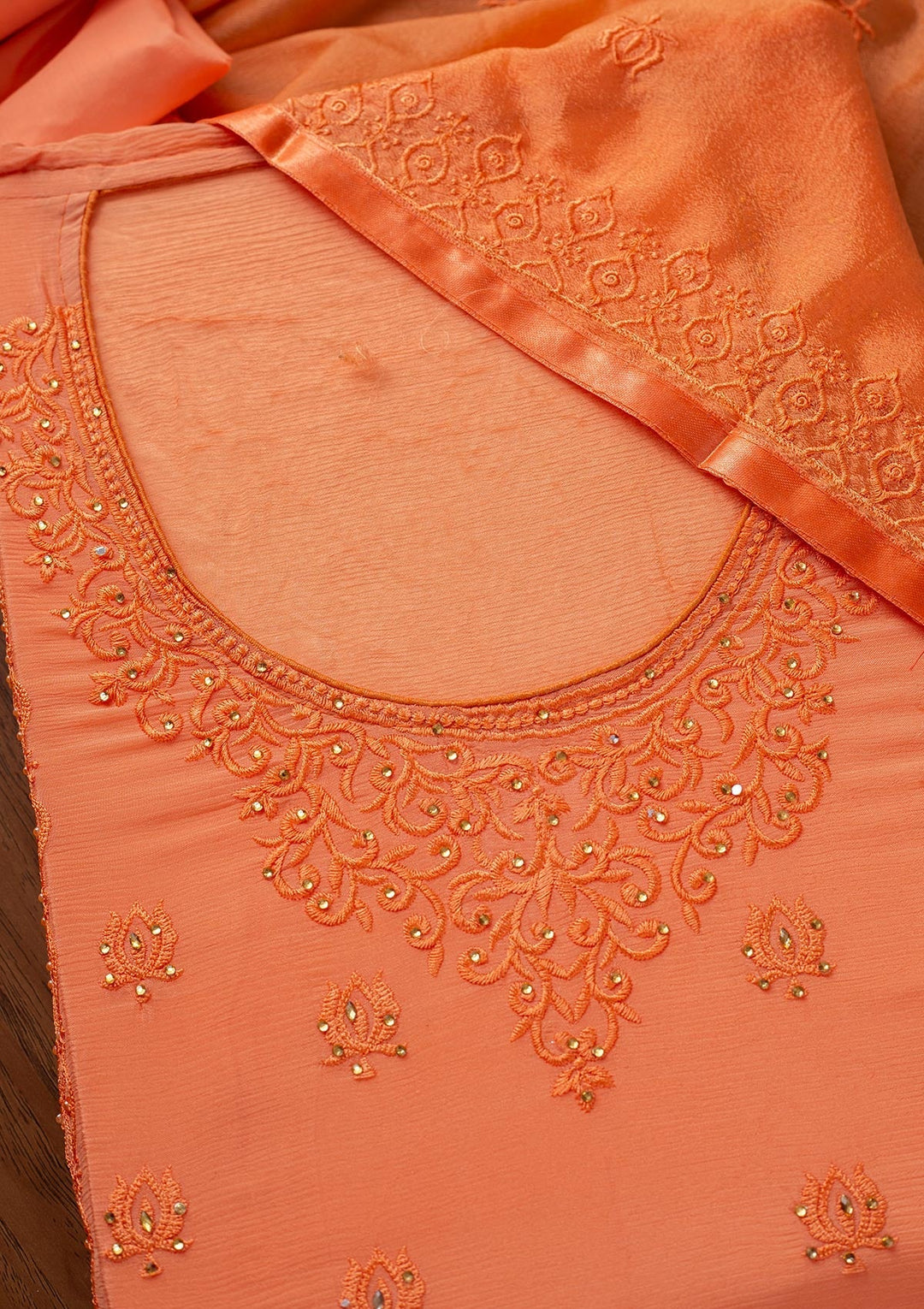 Peach Threadwork Semi Crepe Designer Unstitched Salwar Suit - koskii