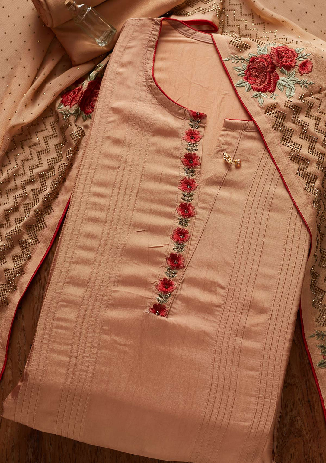 Peach Threadwork Semi Crepe Designer Semi-Stitched Salwar Suit - koskii