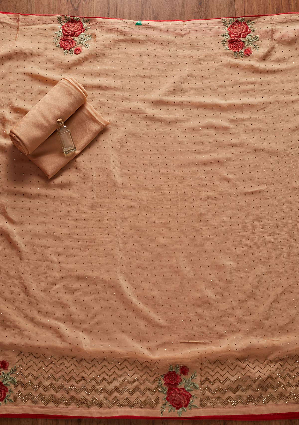 Peach Threadwork Semi Crepe Designer Semi-Stitched Salwar Suit - koskii