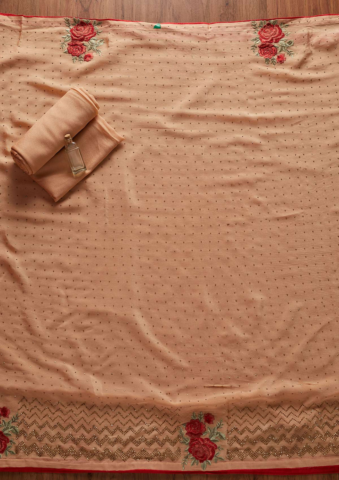 Peach Threadwork Semi Crepe Designer Semi-Stitched Salwar Suit - koskii