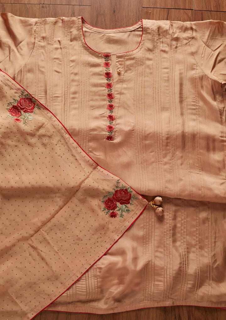 Peach Threadwork Semi Crepe Designer Semi-Stitched Salwar Suit - koskii