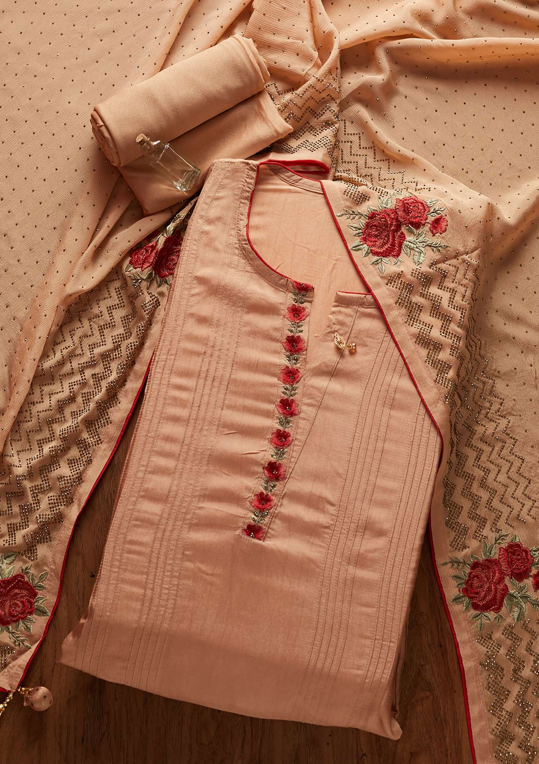 Peach Threadwork Semi Crepe Designer Semi-Stitched Salwar Suit - koskii
