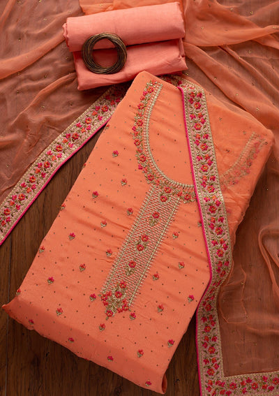 Peach Threadwork Semi Crepe Designer Unstitched Salwar Suit - koskii