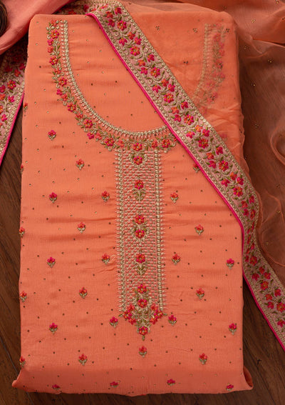 Peach Threadwork Semi Crepe Designer Unstitched Salwar Suit - koskii