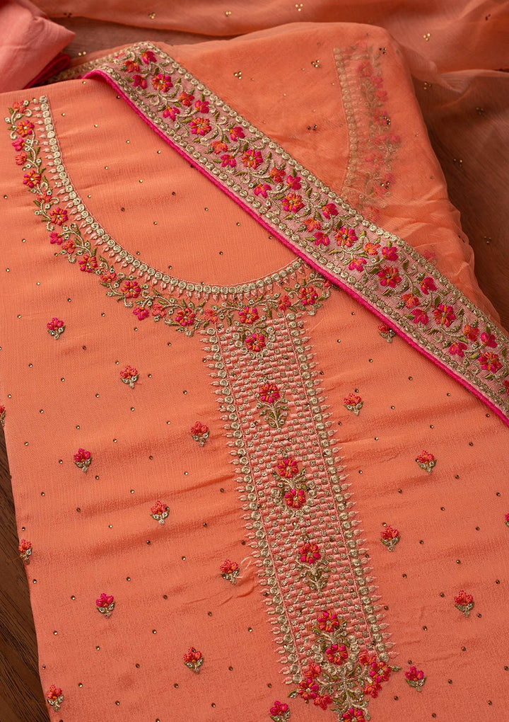 Peach Threadwork Semi Crepe Designer Unstitched Salwar Suit - koskii