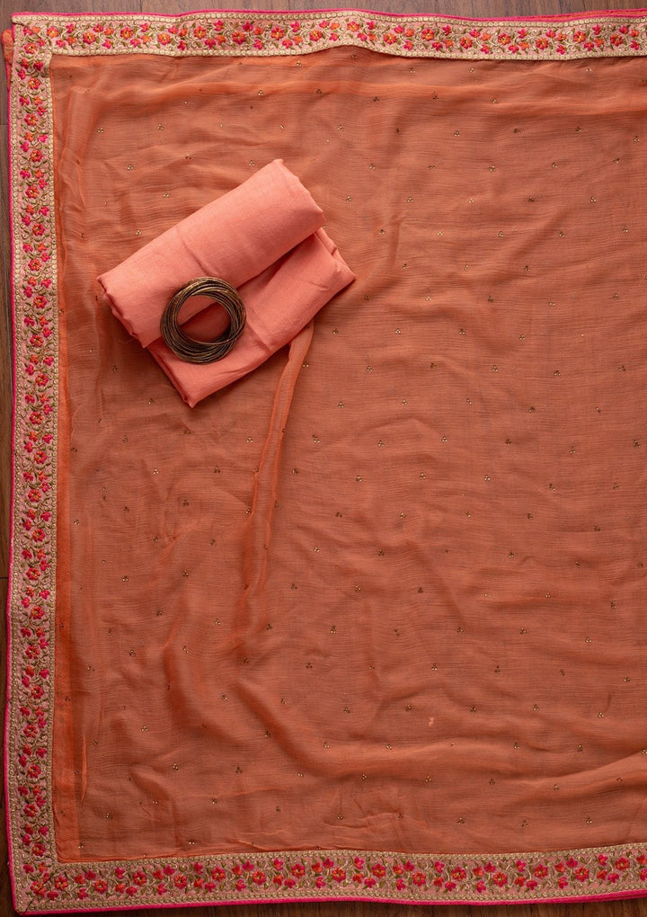 Peach Threadwork Semi Crepe Designer Unstitched Salwar Suit - koskii