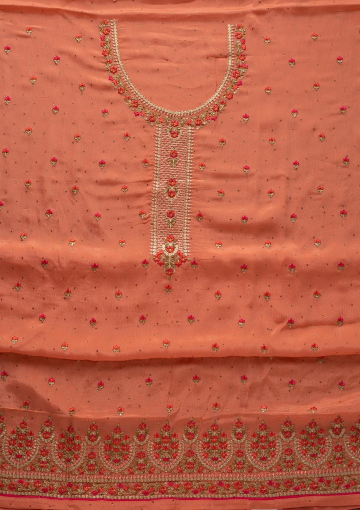 Peach Threadwork Semi Crepe Designer Unstitched Salwar Suit - koskii