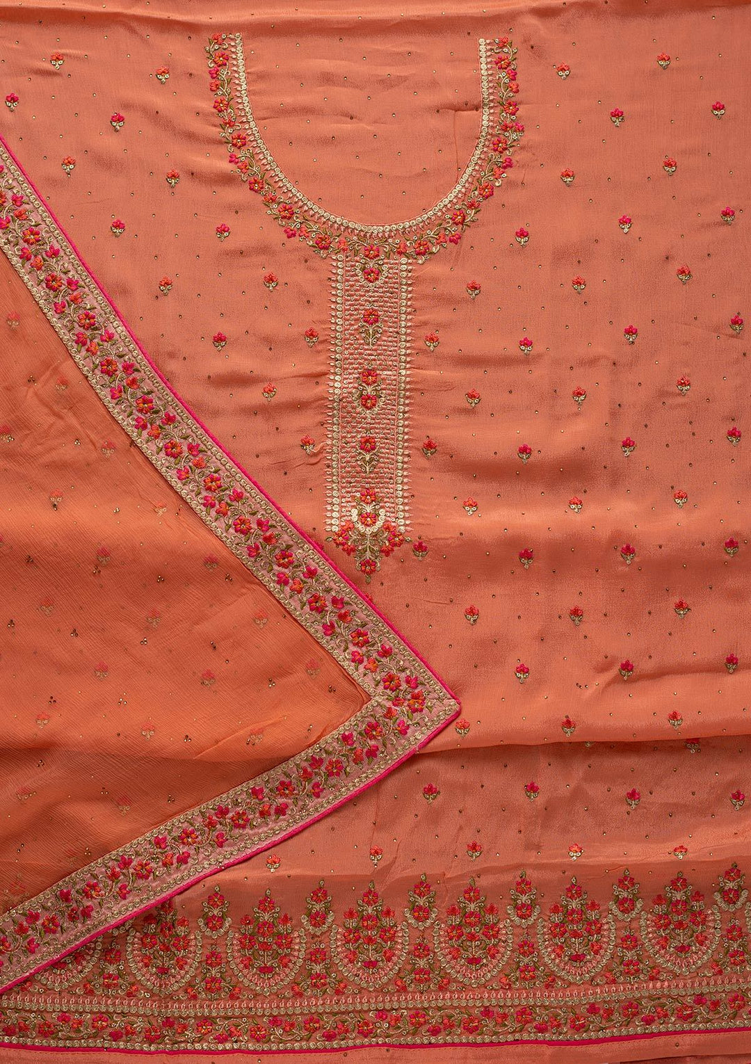 Peach Threadwork Semi Crepe Designer Unstitched Salwar Suit - koskii