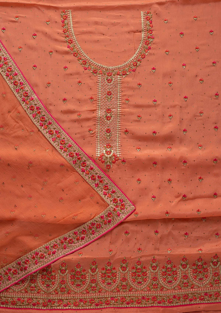 Peach Threadwork Semi Crepe Designer Unstitched Salwar Suit - koskii
