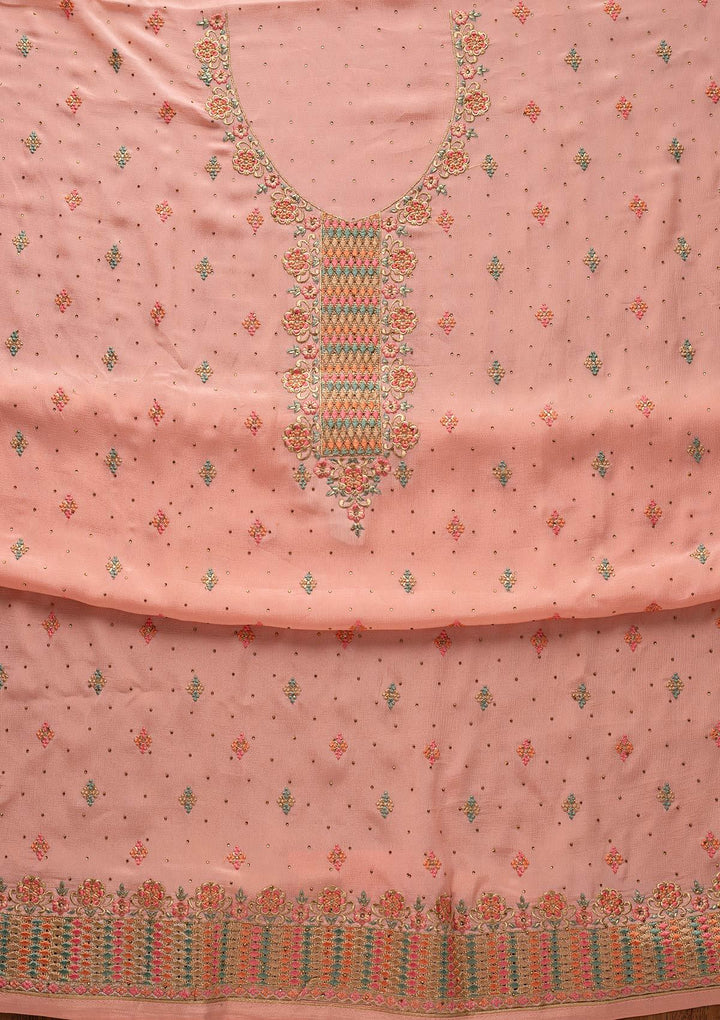 Peach Threadwork Semi Crepe Designer Semi-Stitched Salwar Suit - koskii