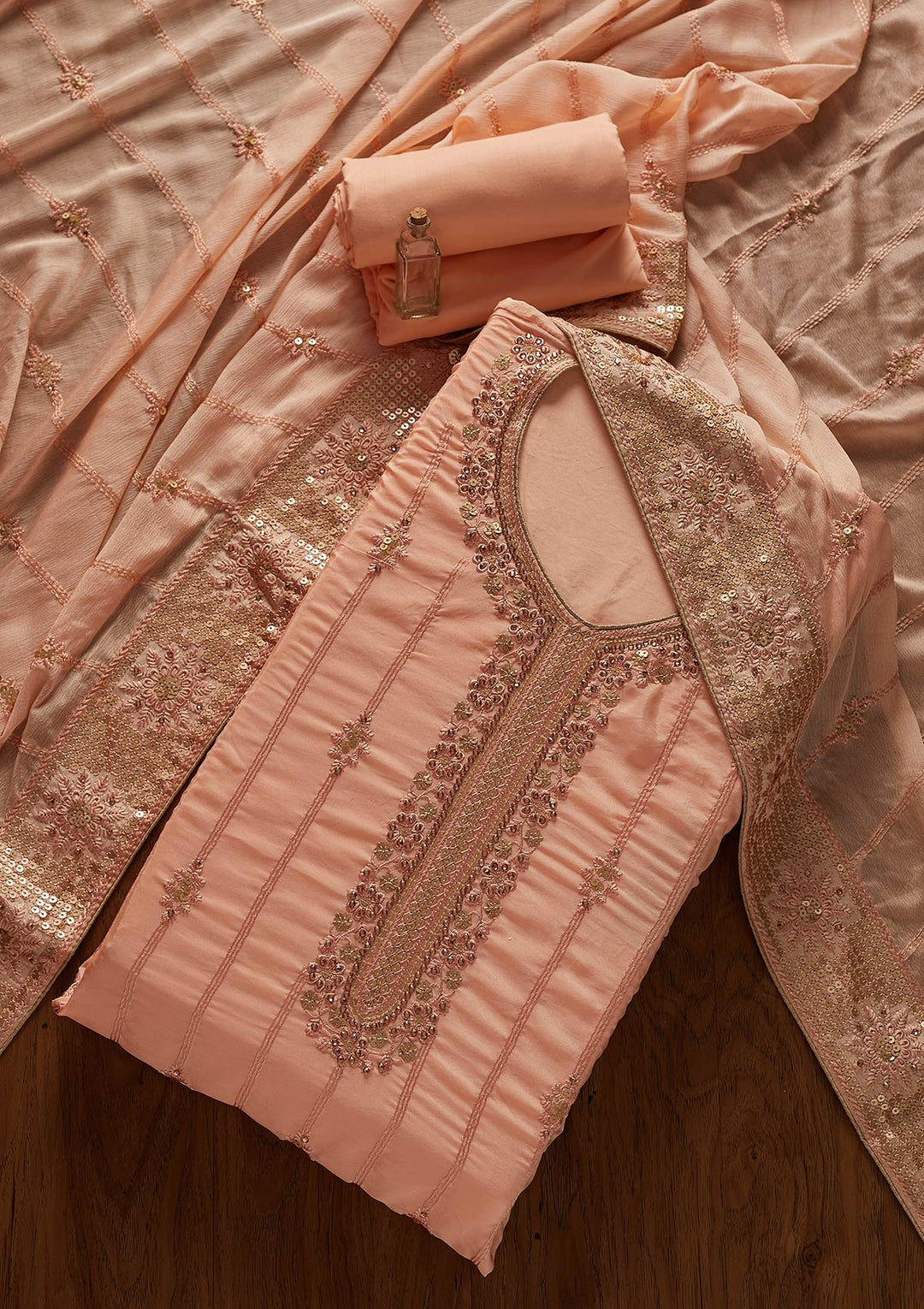 Peach Threadwork Semi Crepe Designer Unstitched Salwar Suit - koskii