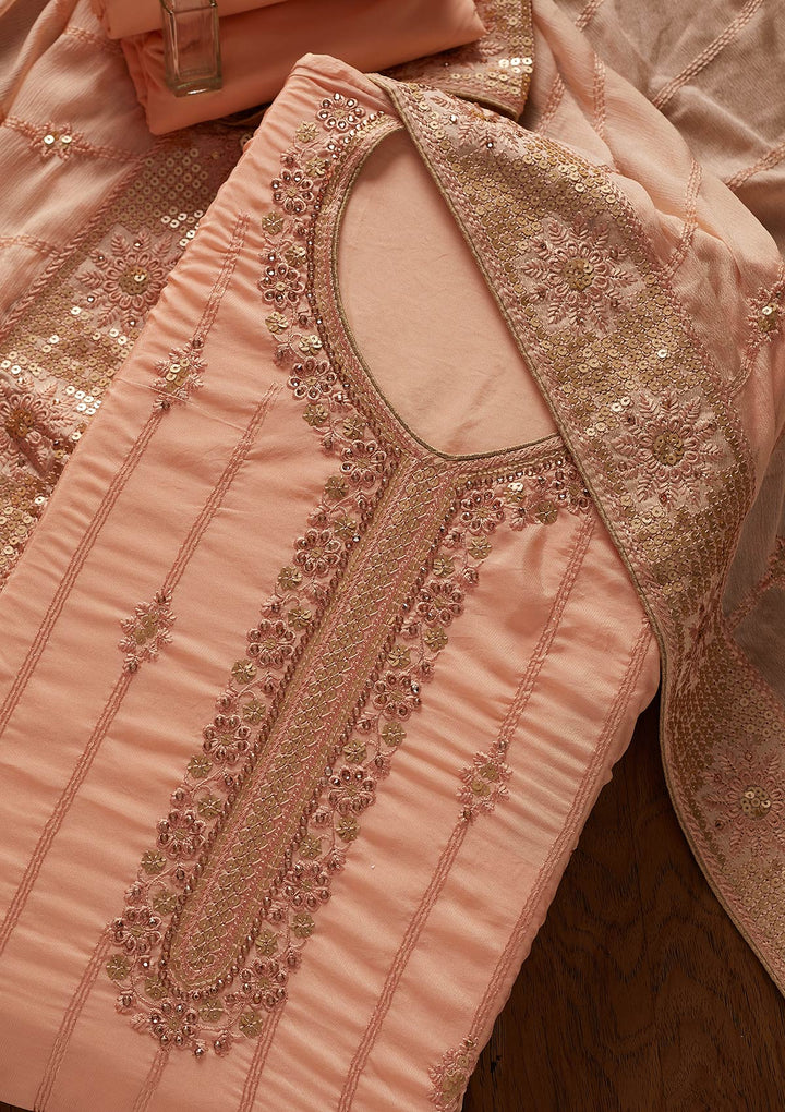 Peach Threadwork Semi Crepe Designer Unstitched Salwar Suit - koskii