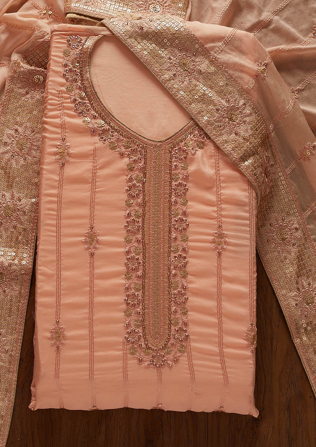 Peach Threadwork Semi Crepe Designer Unstitched Salwar Suit - koskii