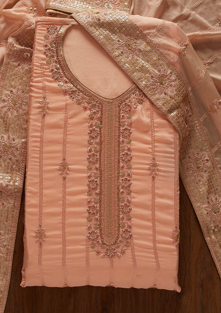 Peach Threadwork Semi Crepe Designer Unstitched Salwar Suit - koskii