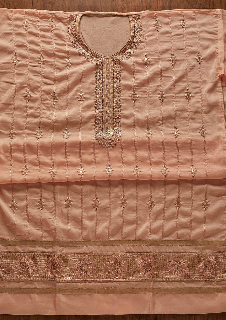 Peach Threadwork Semi Crepe Designer Unstitched Salwar Suit - koskii