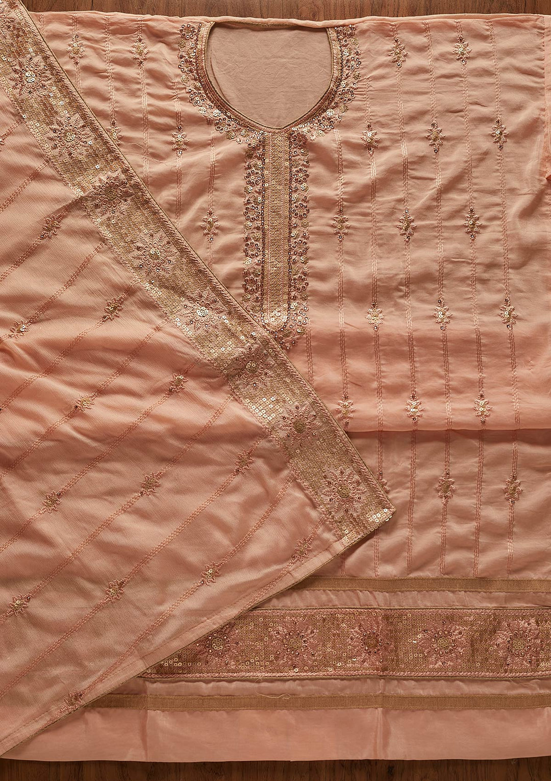 Peach Threadwork Semi Crepe Designer Unstitched Salwar Suit - koskii