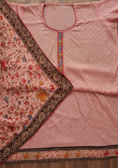 Peach Threadwork Semi Crepe  Unstitched Salwar Suit - Koskii