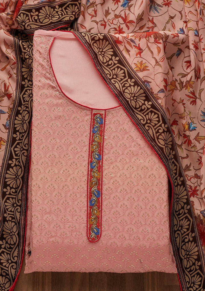 Peach Threadwork Semi Crepe  Unstitched Salwar Suit - Koskii